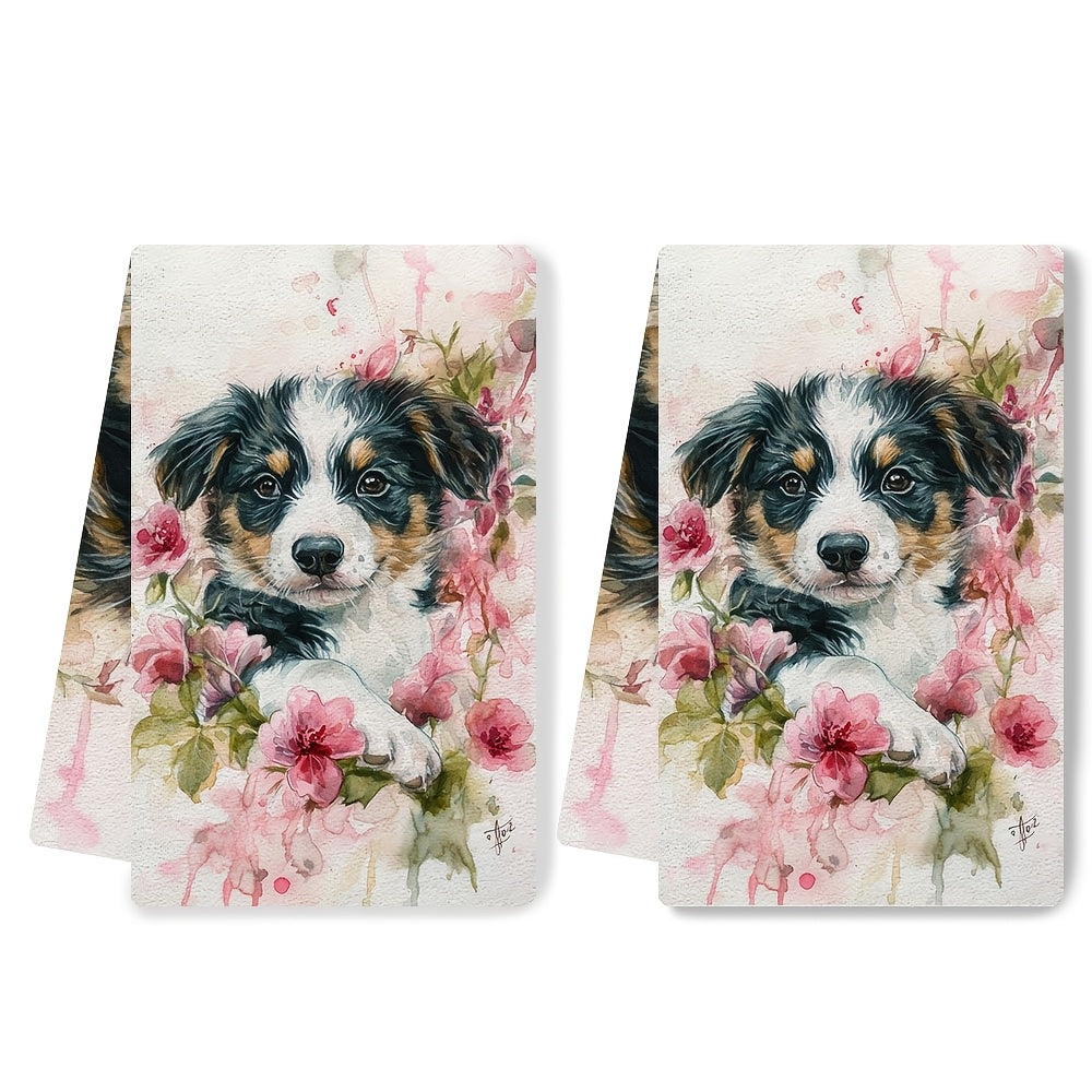 Two Pieces Kitchen Towels Pink Roses Puppy Design Absorbent Quick-Dry