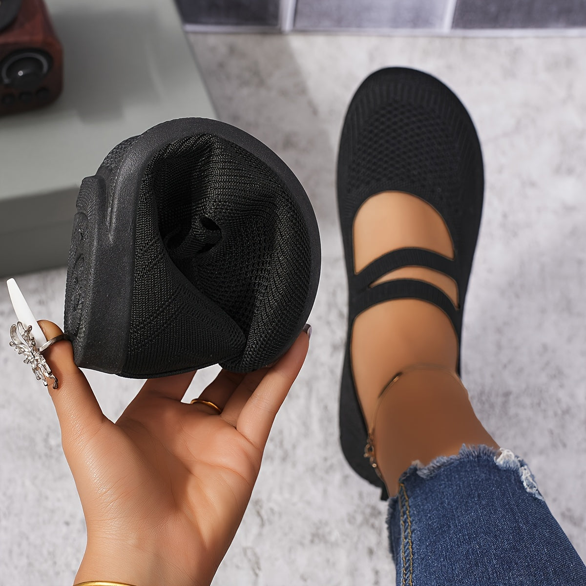 Women’s Breathable Slip-On Sneakers Black Knit Casual Walking Shoes