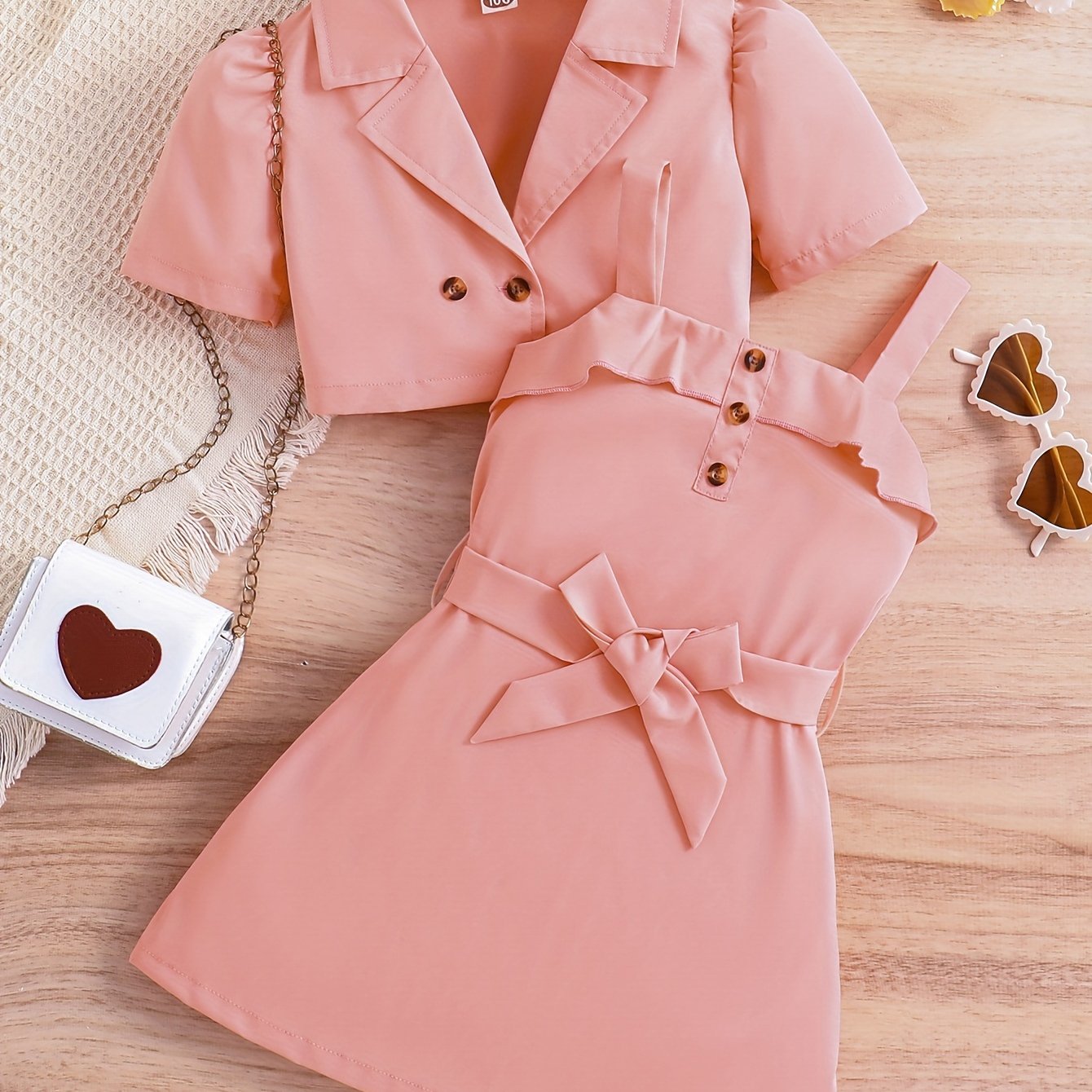 Girls Summer Outfit Light Pink Short Sleeve Blazer and Sundress Set for Kids