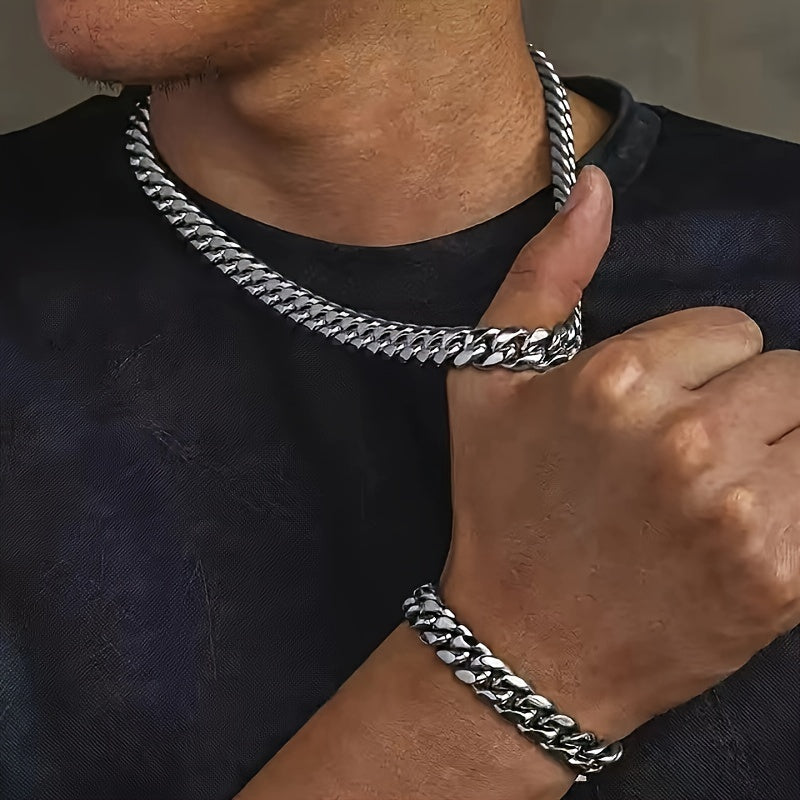 Men's Stainless Steel Necklace and Bracelet Set 10mm Thick Chain Fashion Accessories