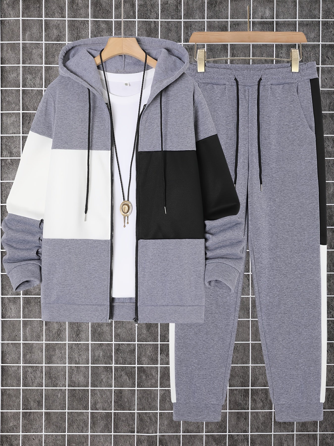 Men's Color Block Polyester Tracksuit with Hooded Zip Up Hoodie and Jogging Pants for Gym and Running