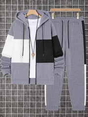 Men's Color Block Polyester Tracksuit with Hooded Zip Up Hoodie and Jogging Pants for Gym and Running