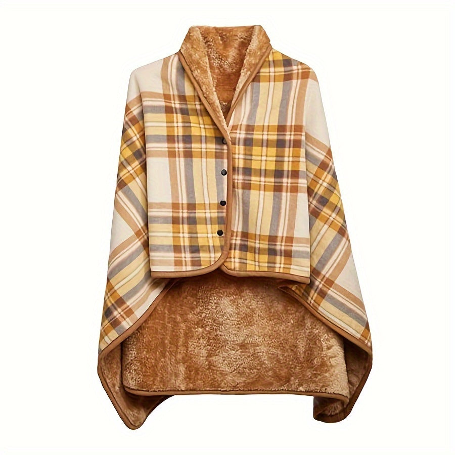 Reversible Plaid Wool Shawl for Women Thick Cozy Winter Wrap with Button Closure