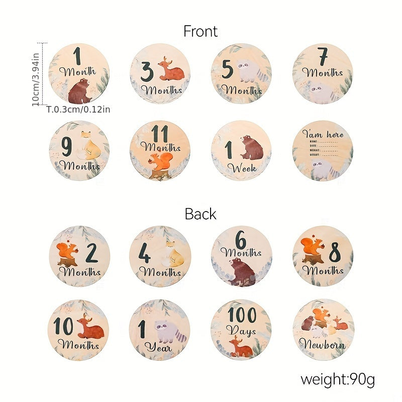 Wooden Baby Milestone Coasters Forest Animals Set for Growth Photos and Memories