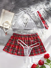 Plaid Print Lingerie Set with Lace Halter Bra Thong Skirt Tie for Women