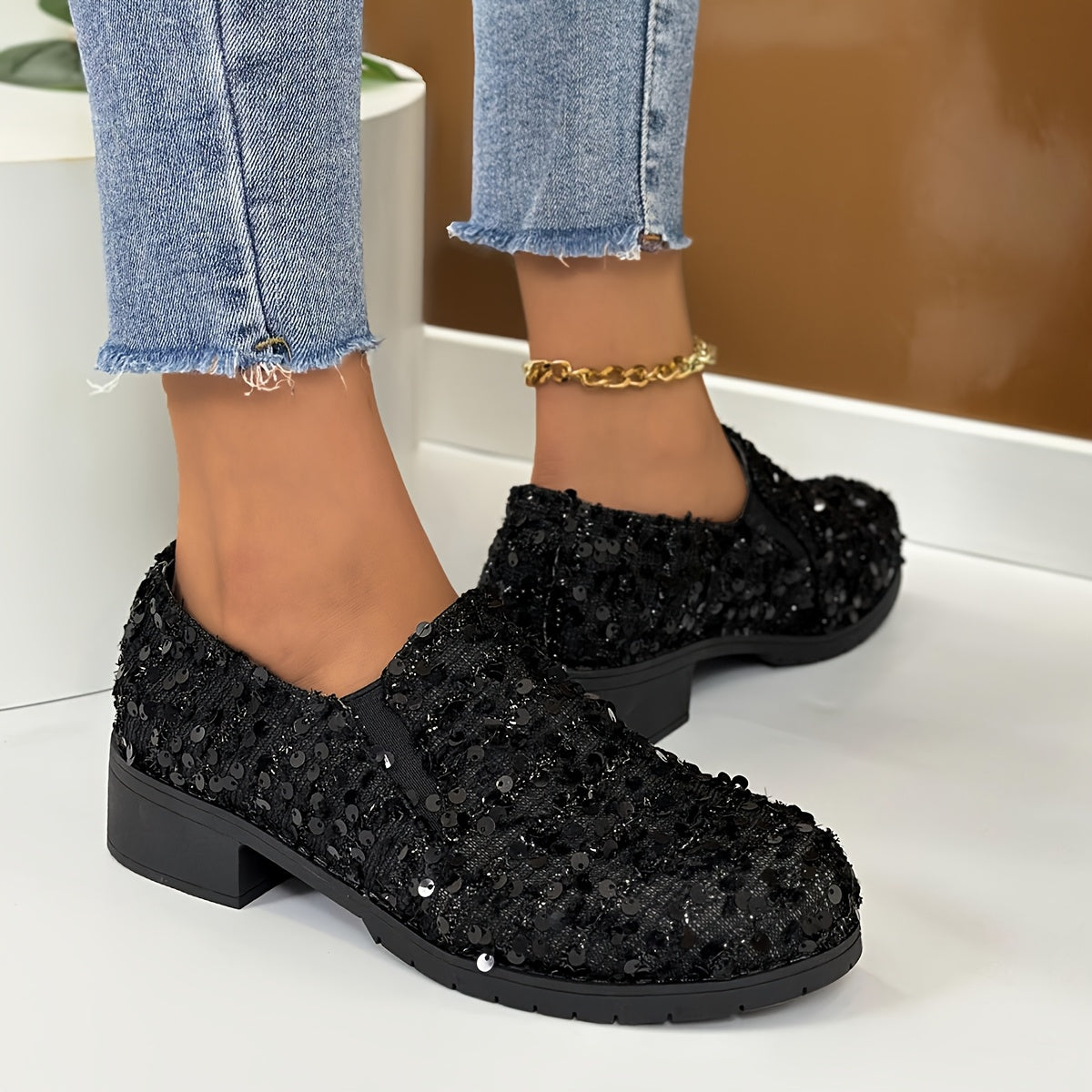 Women's Sequin Nurse Loafers Black Fabric Slip-On Flats with Bow
