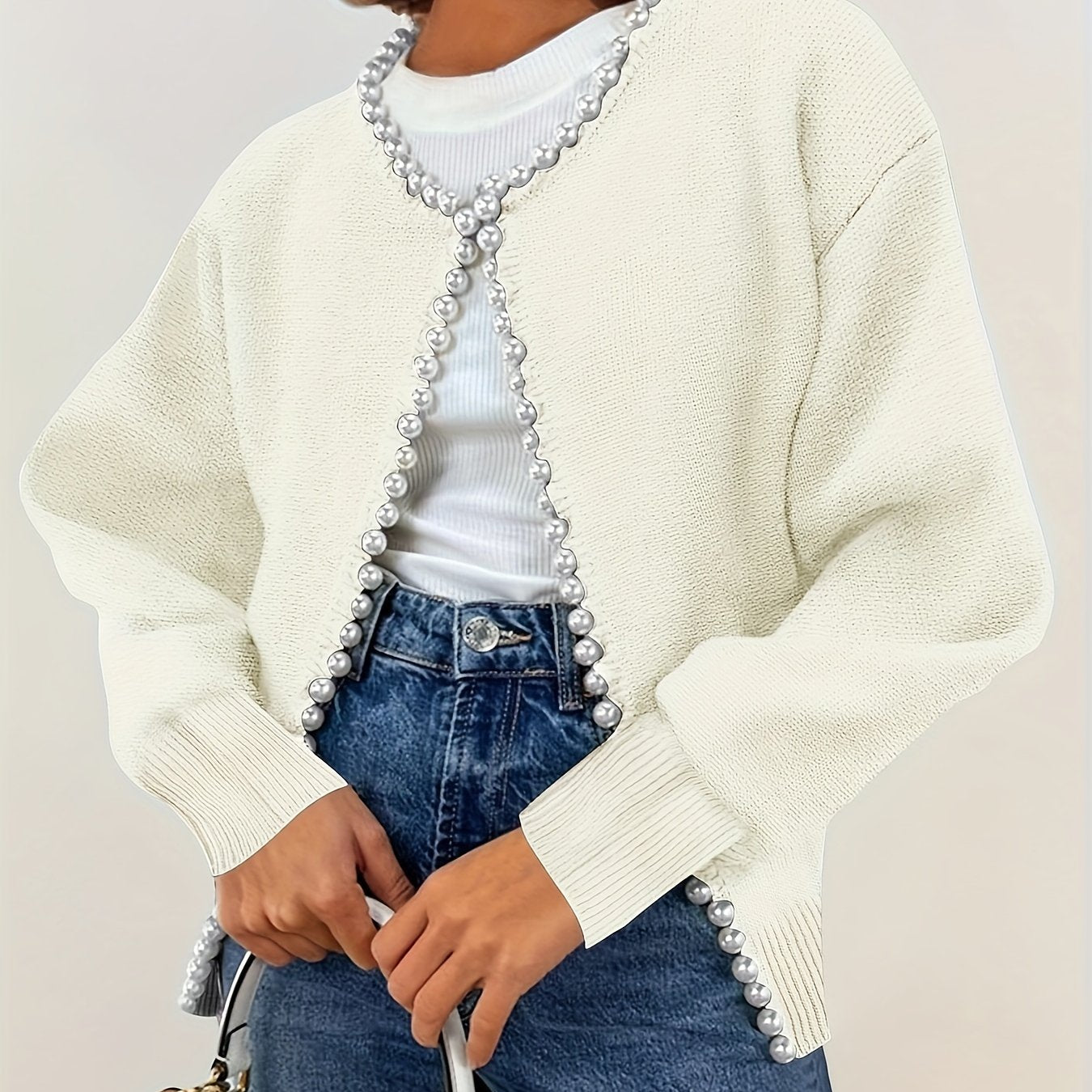 Cárdigan corto para mujer de talla grande con perlas, blanco, suéter de manga larga