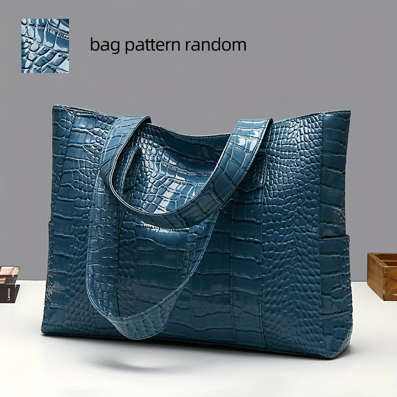 Blue Crocodile-Embossed PU Tote Bag with Zipper Closure for Women