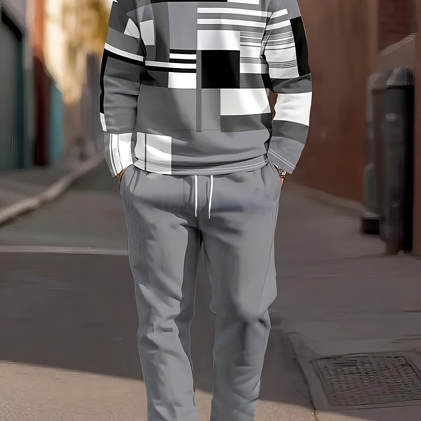 Conjunto de dos piezas para hombre, camisetas de cuello redondo y pantalones con estampado, punto de poliéster, primavera y otoño