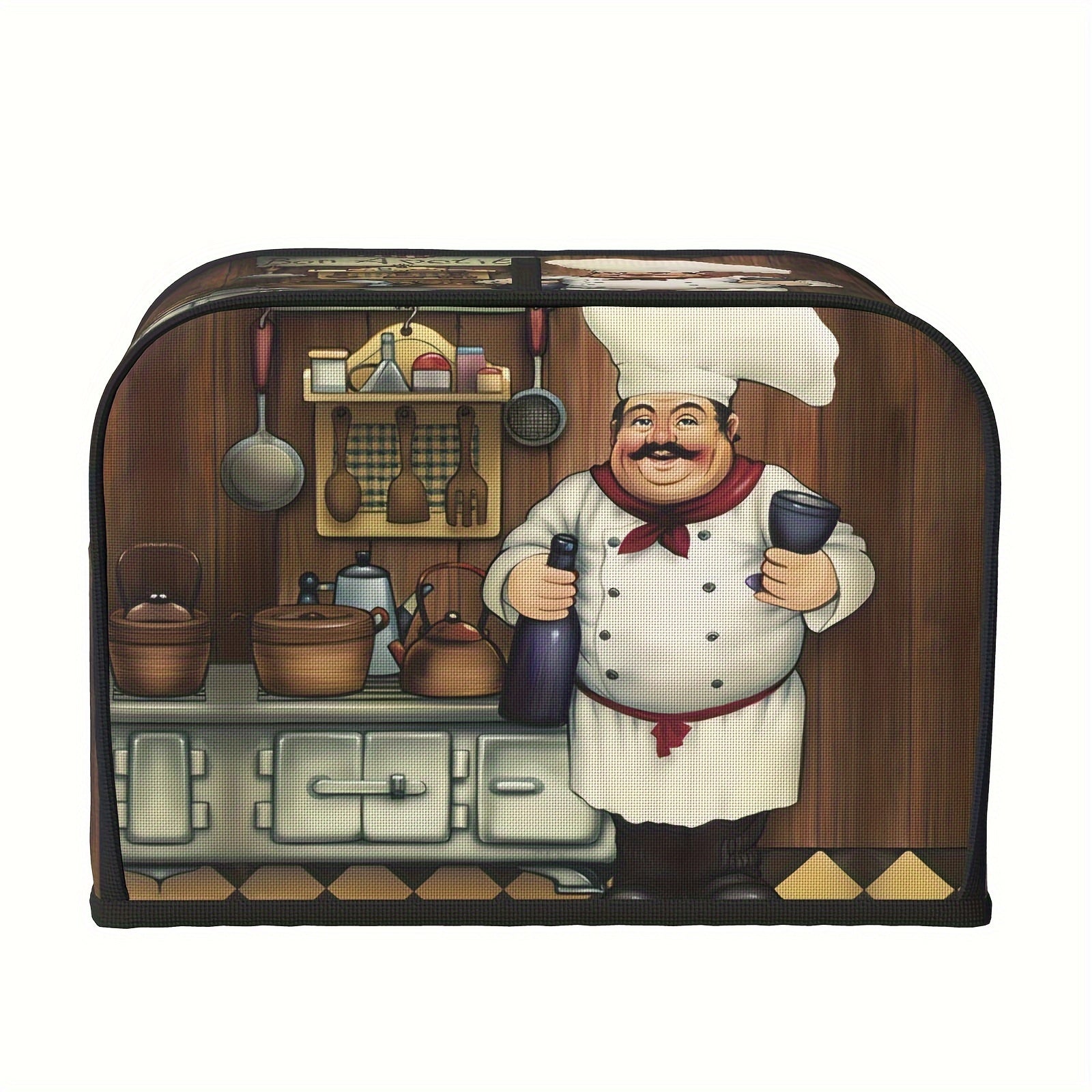 Vintage Farmhouse uslubidagi tost qopqog'i, kulgili semiz oshpaz dizayni bilan, standart 2/4 bo'lakli tostlar uchun yuvilishi mumkin bo'lgan changdan himoyalovchi oshxona apparati qopqog'i - osish uchun yuqori tutqichni o'z ichiga oladi.