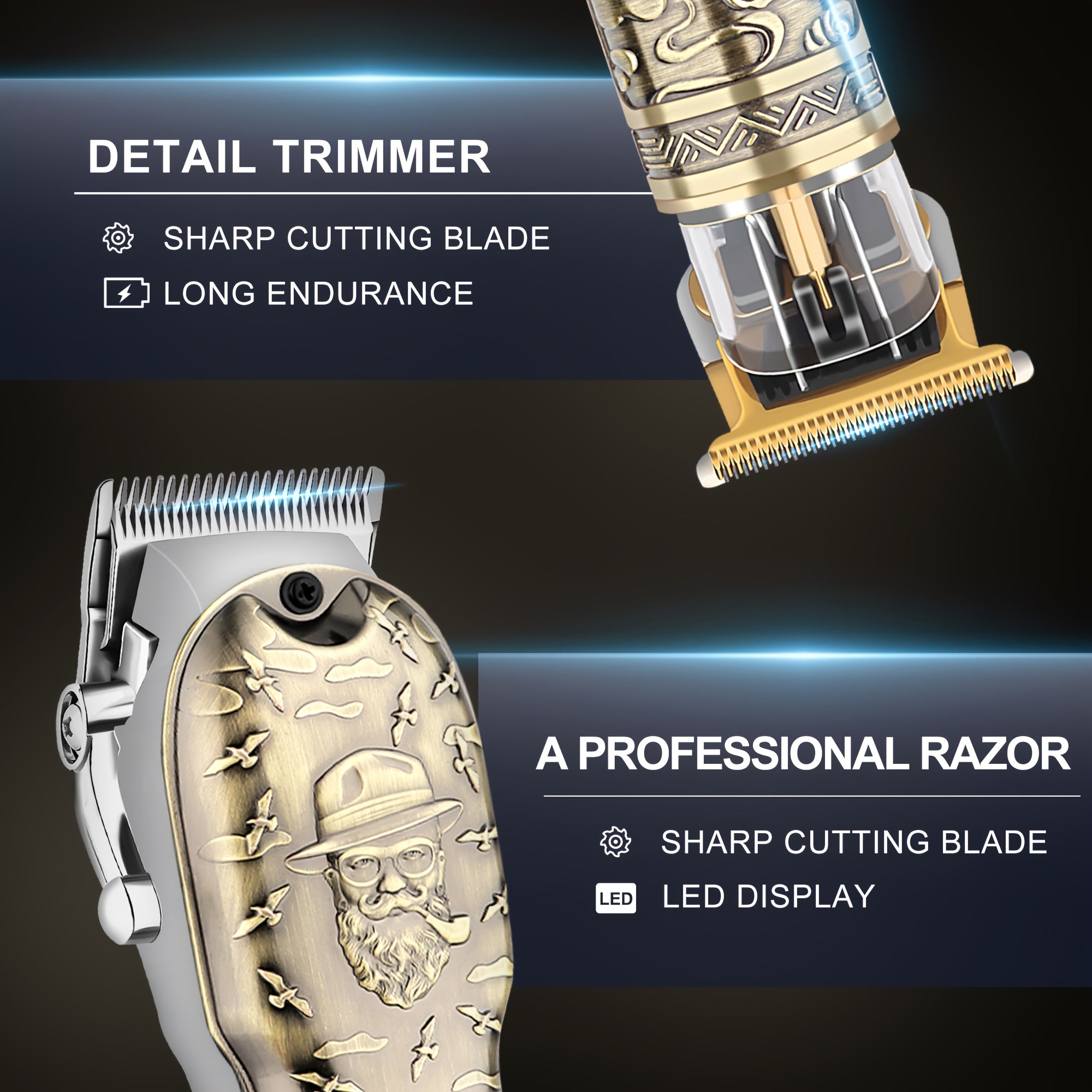 Set de cortapelos profesional con cuchilla de acero inoxidable, batería de litio recargable, carga USB, pantalla digital, operación inalámbrica, cuerpo de aleación de zinc