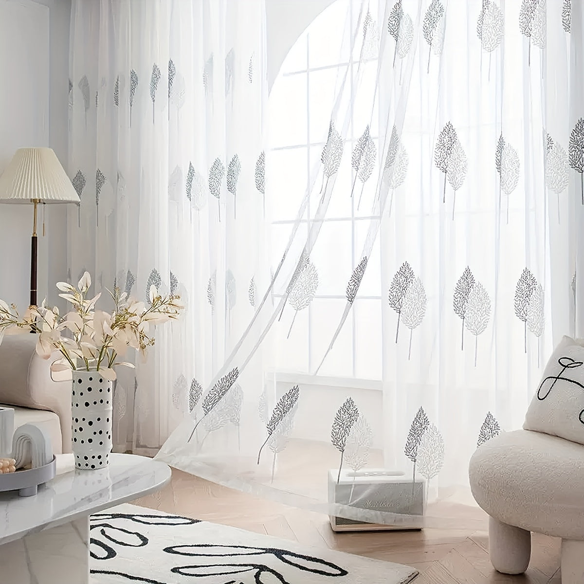 Elegant Tulle Curtain with Leaf Embroidery Translucent Rod Pocket for Living Room Bedroom