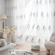 Elegant Tulle Curtain with Leaf Embroidery Translucent Rod Pocket for Living Room Bedroom