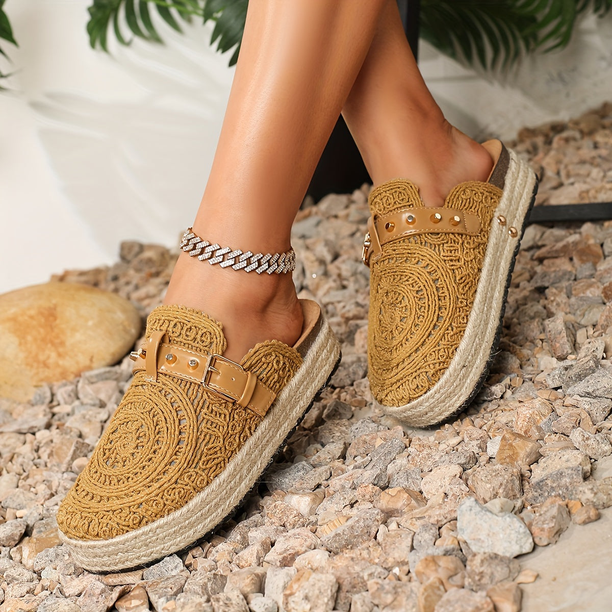 Women's Summer Casual Slip-On Mules with Embroidery and Lightweight Fabric