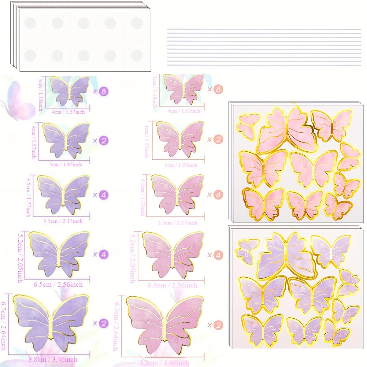 40 Pieces Butterfly Cake Decorations 3D Cupcake Wall Pink Purple for Birthdays and Parties
