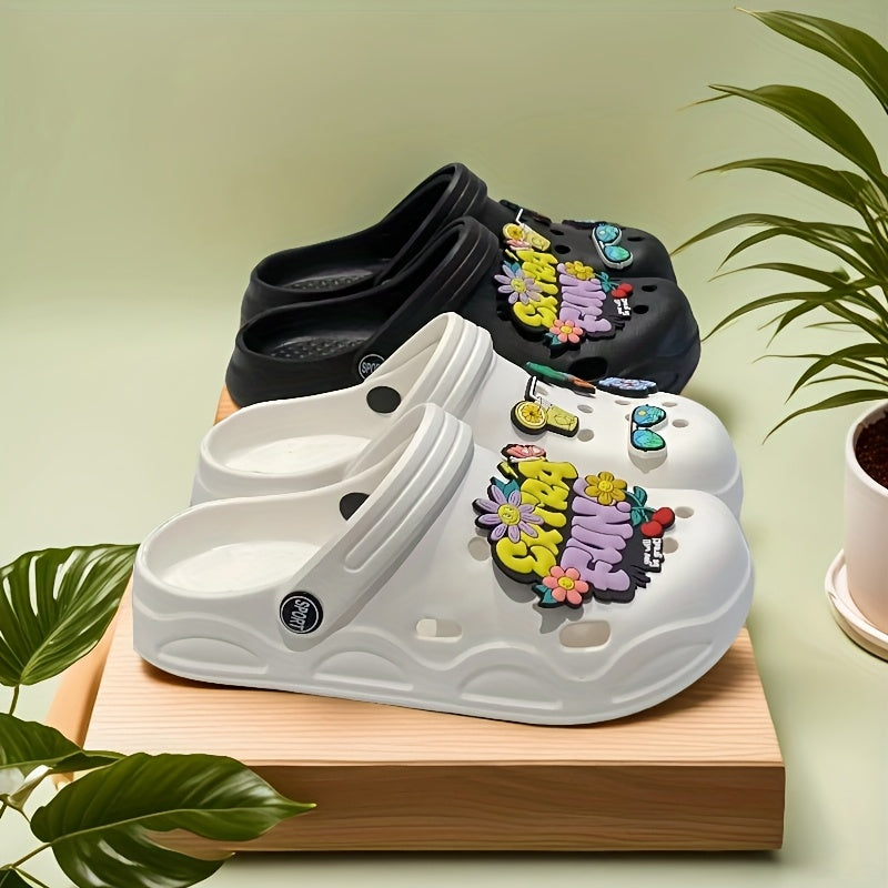 Women’s EVA Beach Clogs Black Pink with Playful Accessory Charms
