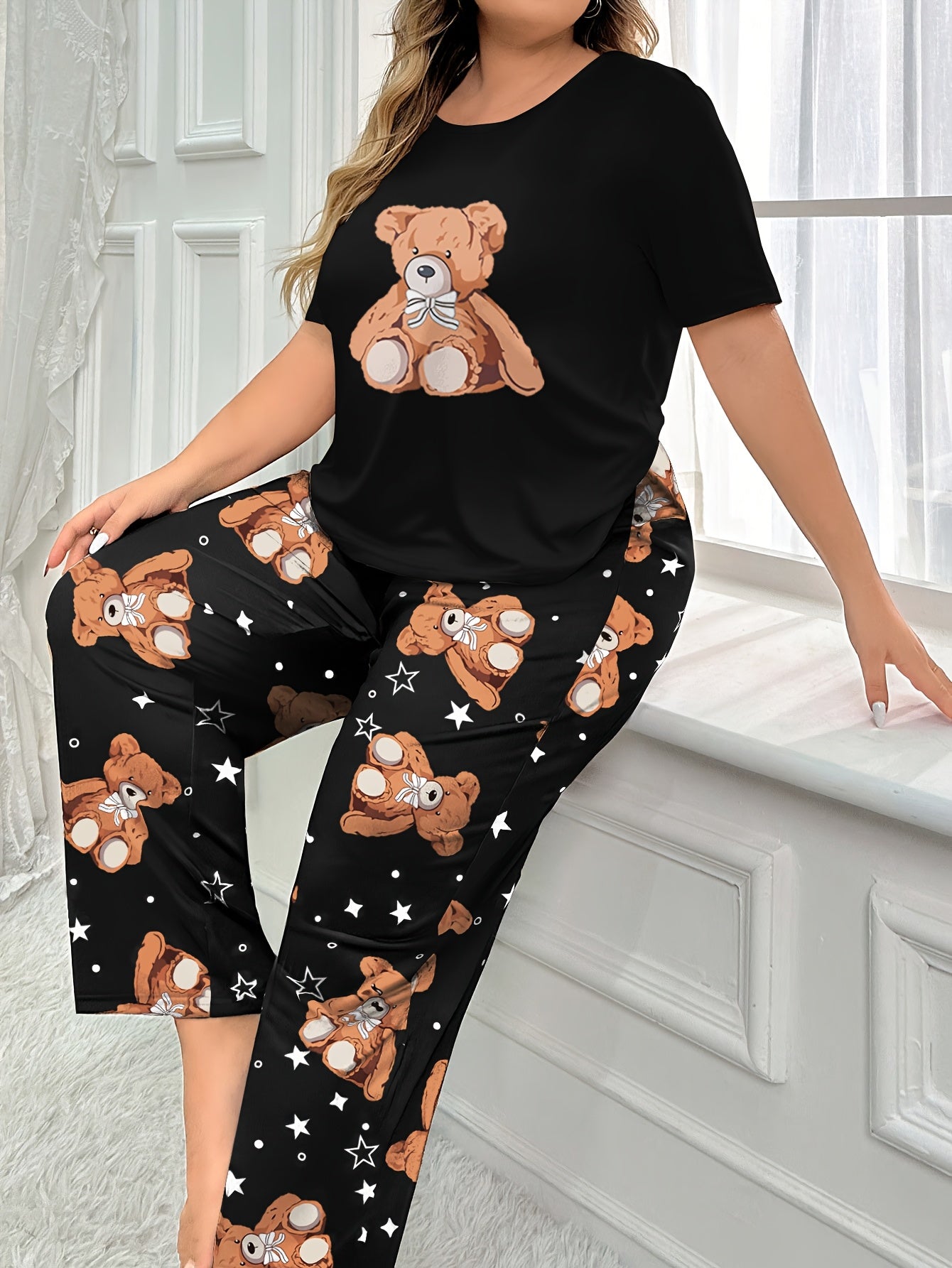 Women's Plus Size Pajama Set Short Sleeve Bear Print Stretch Knit All-Season