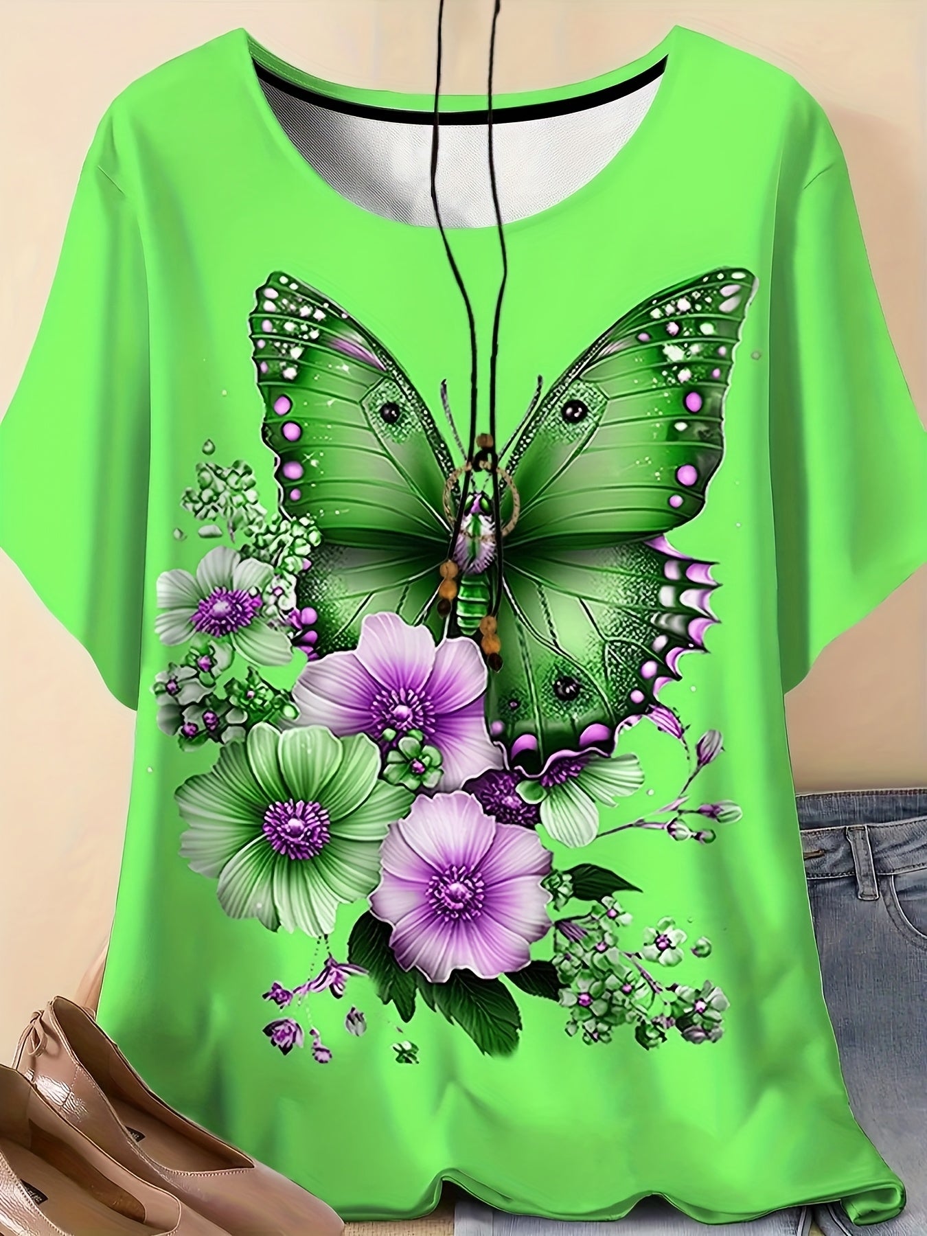Plus Size Women Floral Print T-Shirt Crew Neck Short Sleeve Summer Top