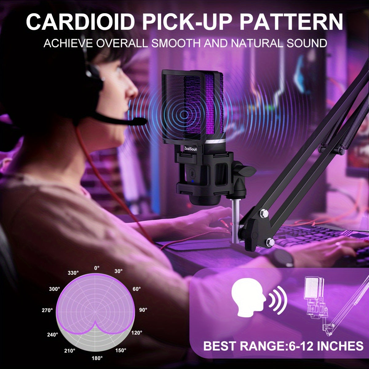 USB Gaming Microphone Kit with RGB Light Boom Arm for Streaming and PC Black