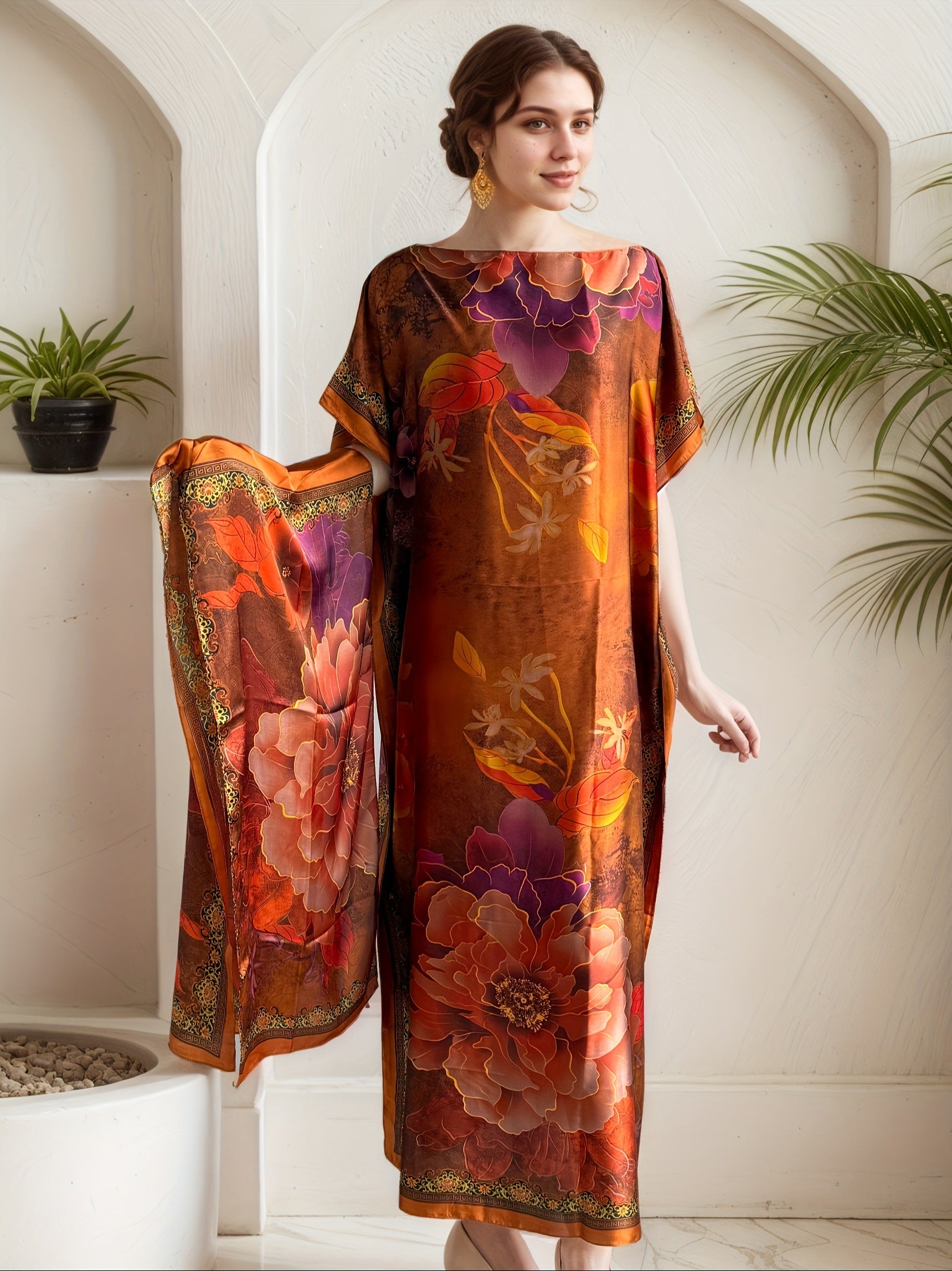 Vestido de kaftán turco para mujer de talla grande con bufanda, vibrante naranja-rojo, vestido largo