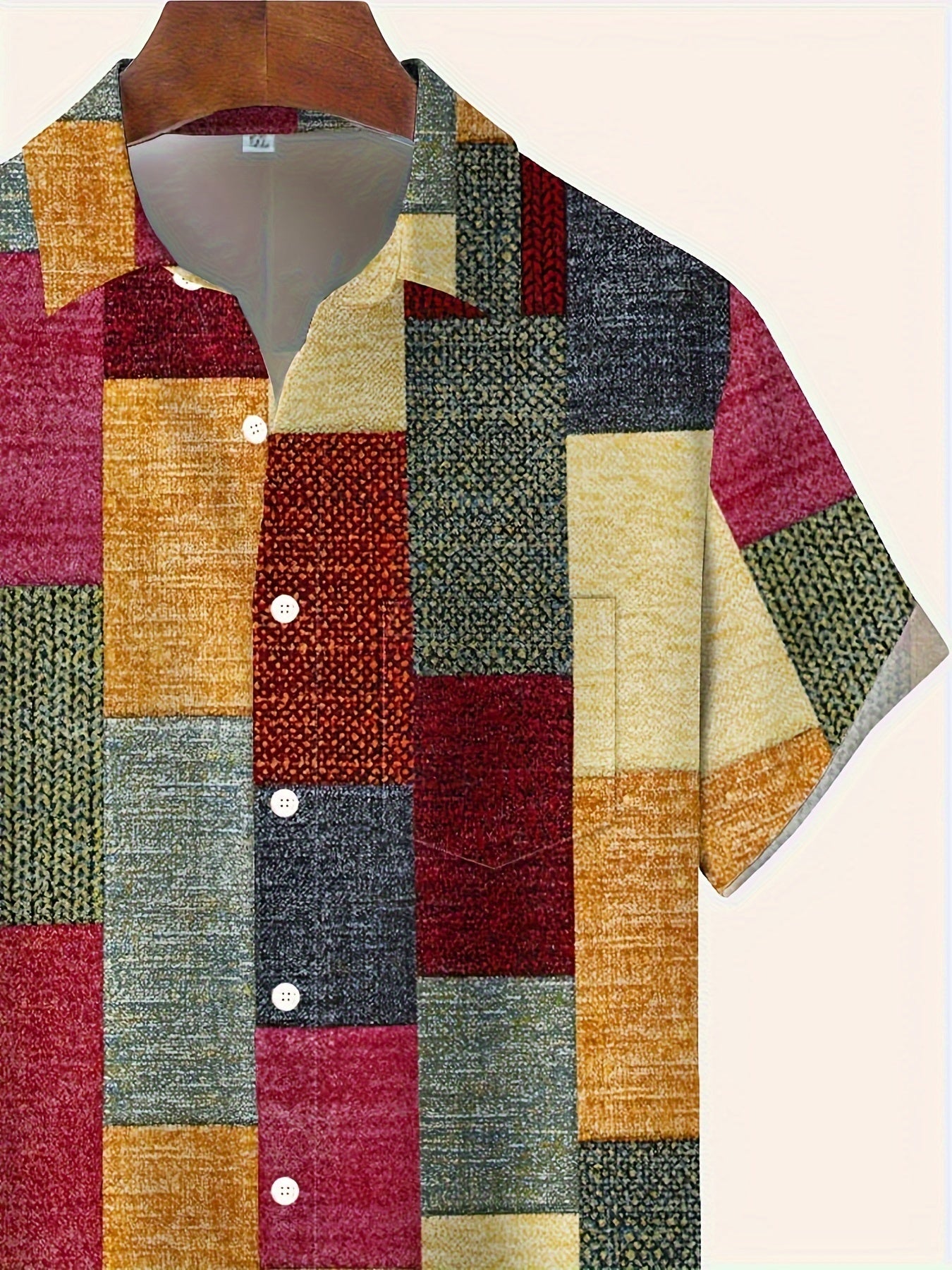 Erkaklar uchun Katta Tugmachali Cho'ntakli Ko'ylak, Retro Geometrik Print bilan