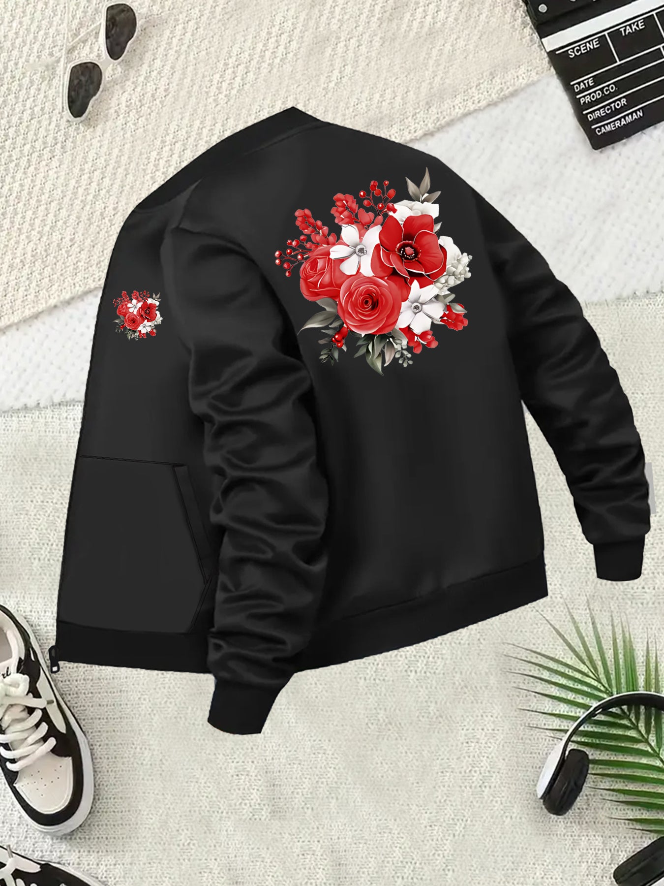 Women's Plus Size Floral Embroidered Bomber Jacket Casual Black with Red Roses