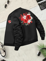 Women's Plus Size Floral Embroidered Bomber Jacket Casual Black with Red Roses
