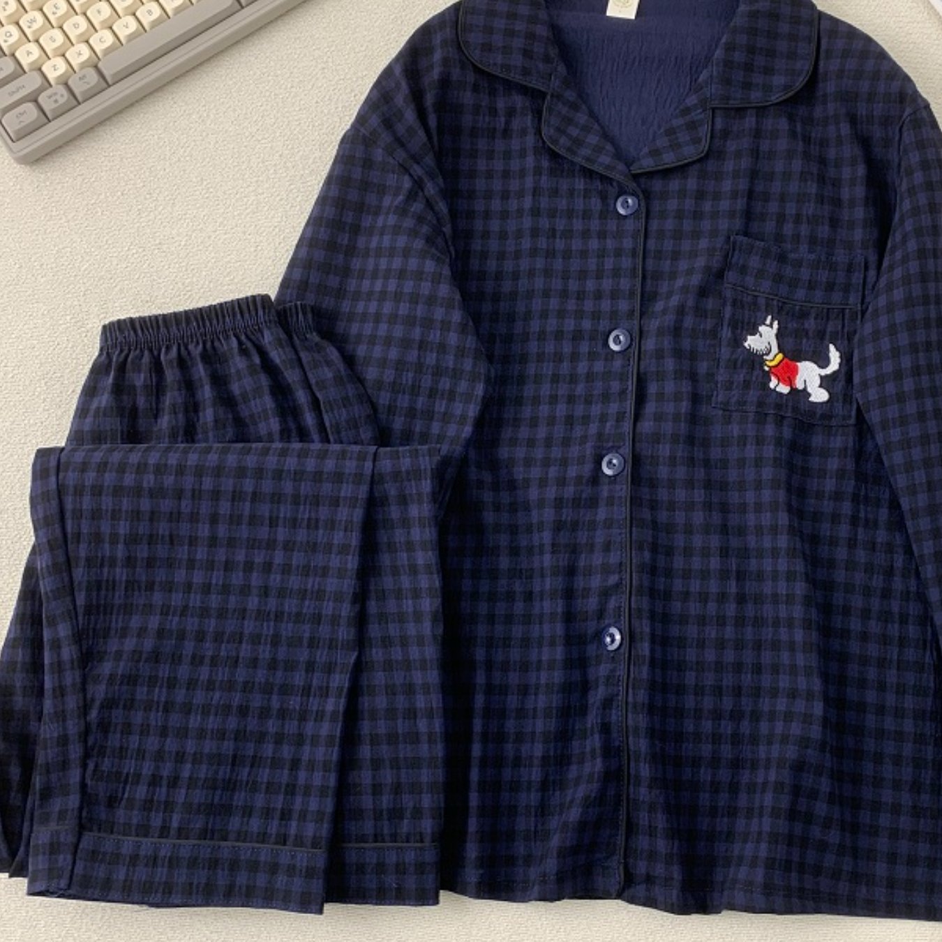 Women's Embroidered Puppy Plaid Pajama Set Plus Size Long Sleeve Casual Sleepwear