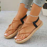 Women’s Flat Sandals Summer Slip-On Cross Strap Linen Upper EVA Sole