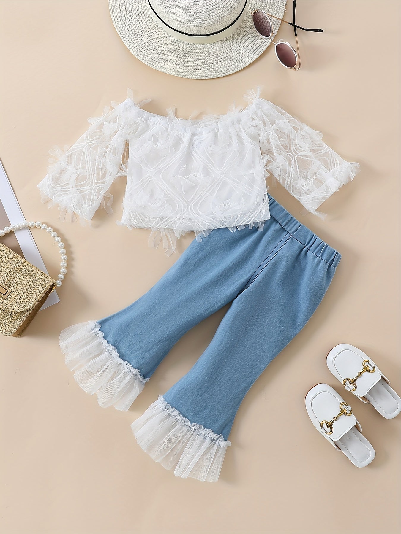 Girls Summer Outfit Off-Shoulder White Lace Top Blue Tulle Flared Pants Polyester