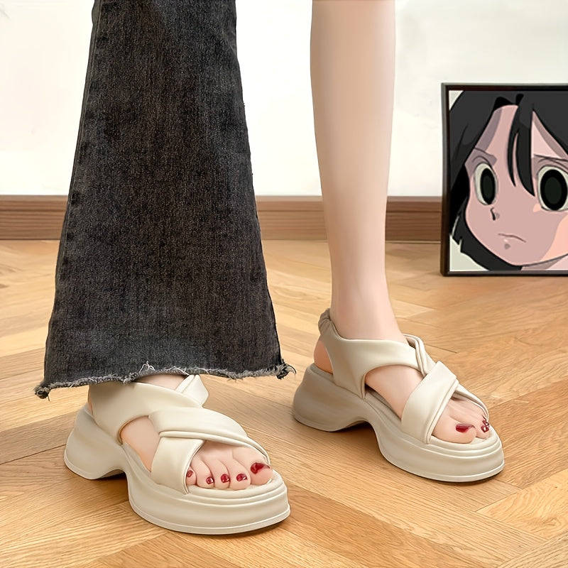 Women's Open-Toe Slip-On Platform Sandals Cushioned Mid-Heel Black White