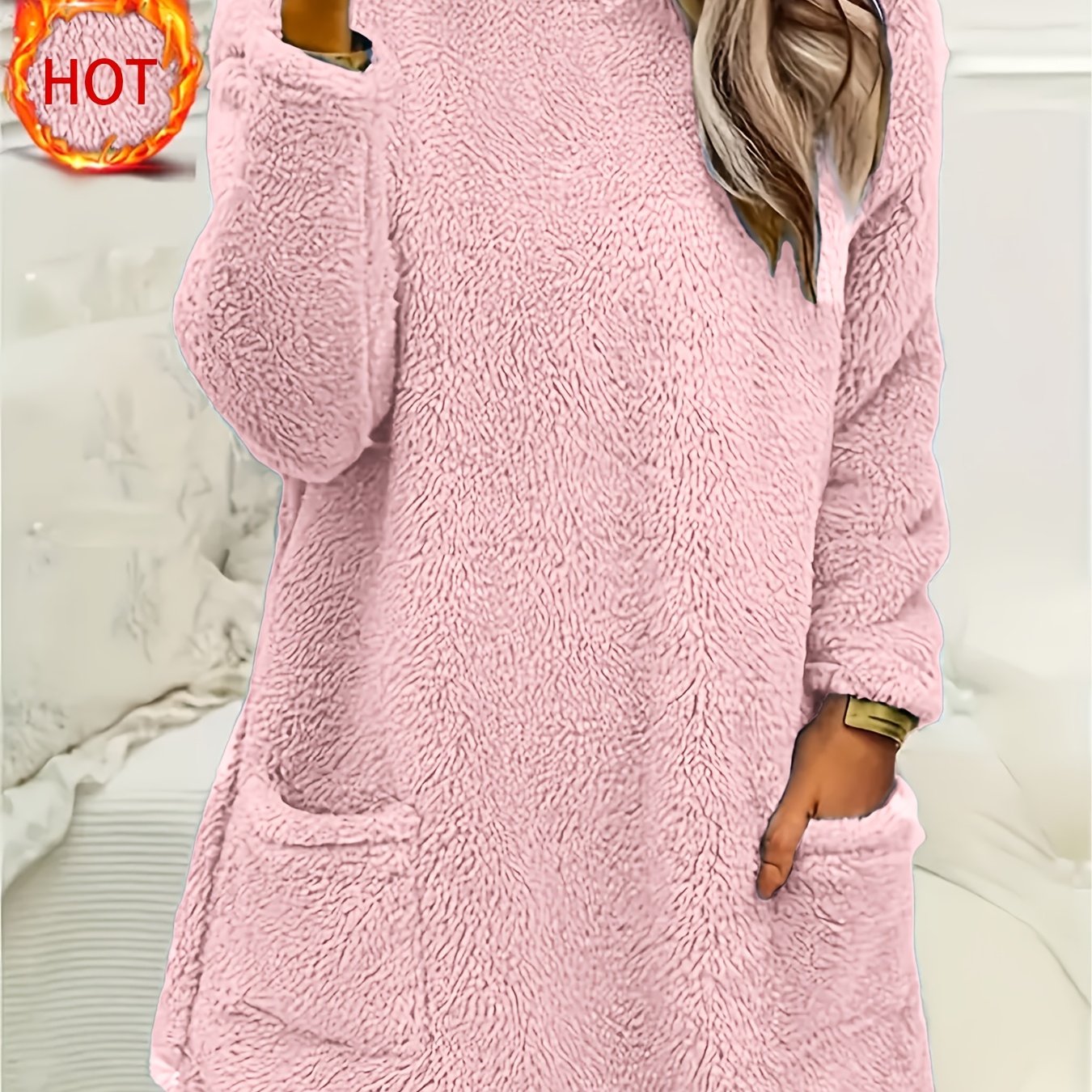 Women's Teddy Fleece Crew Neck Sweatshirt with Long Sleeves and Pocket for Fall Winter