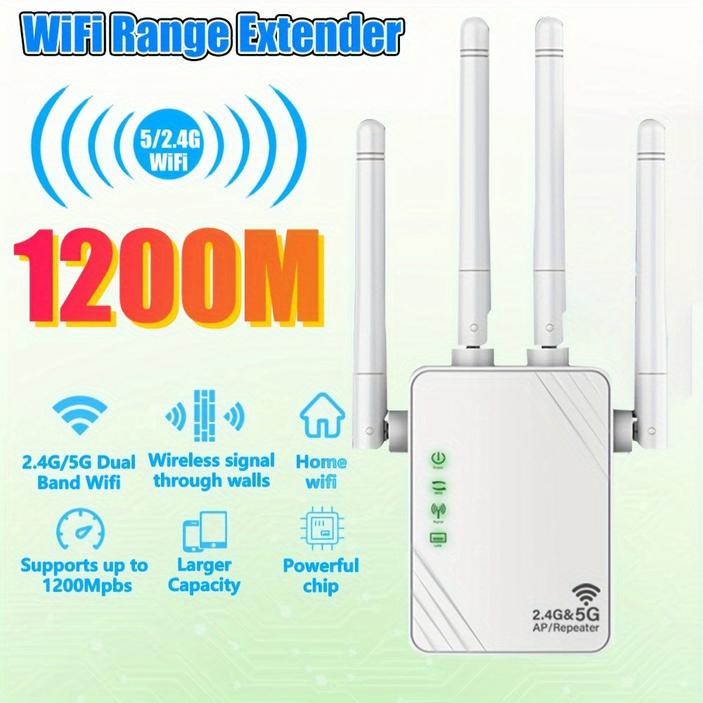 WiFi Extender Dual Band 2.4G 5G with 4 Antennas Ethernet Support for Home Use