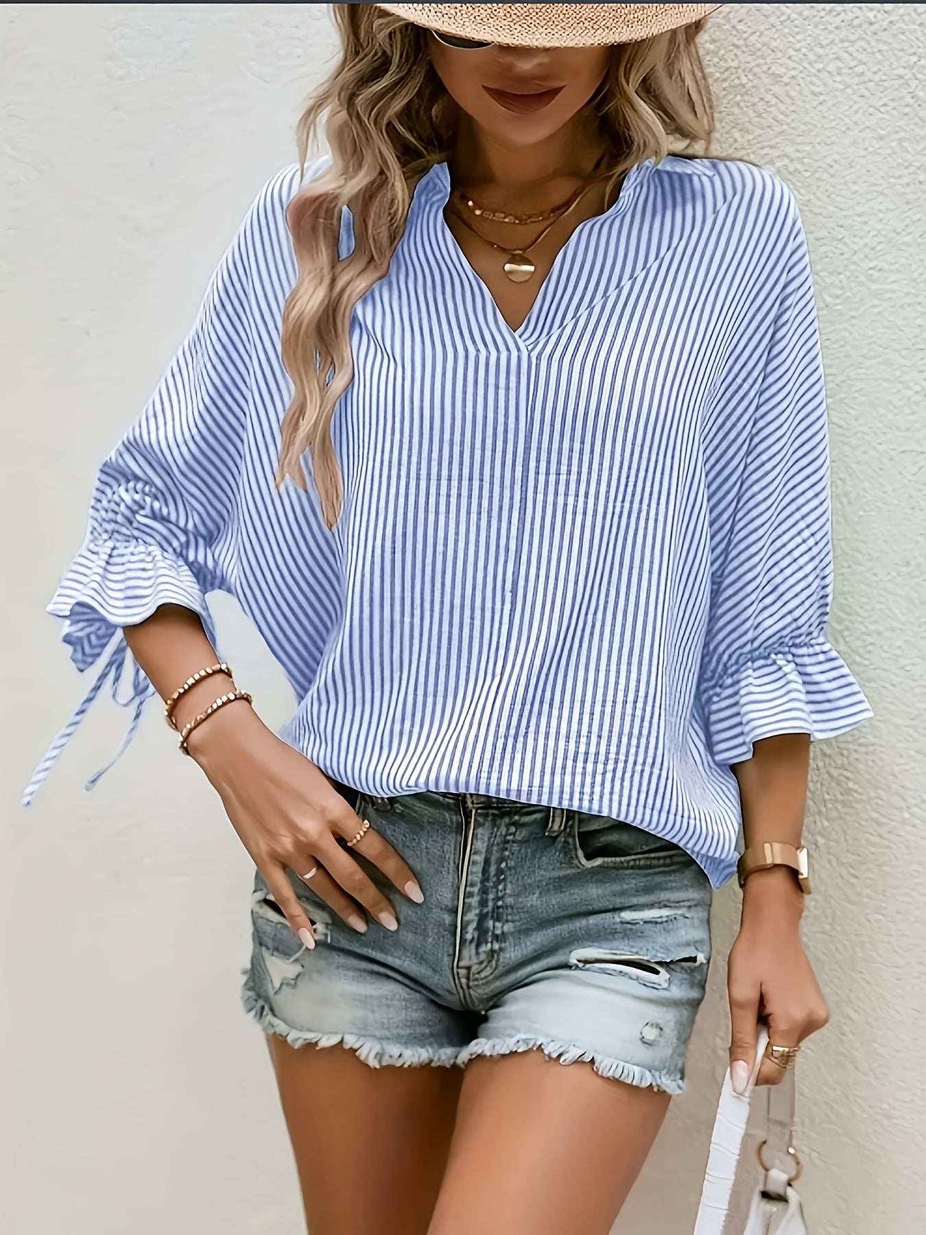 Plus Size Women's Striped Flared Sleeve Tie Back Shirt Vacation Wear