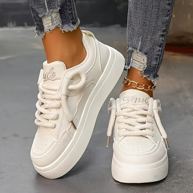 Women's Chunky Platform Sneakers Low-Top Lace-Up Casual Shoes Rubber Sole