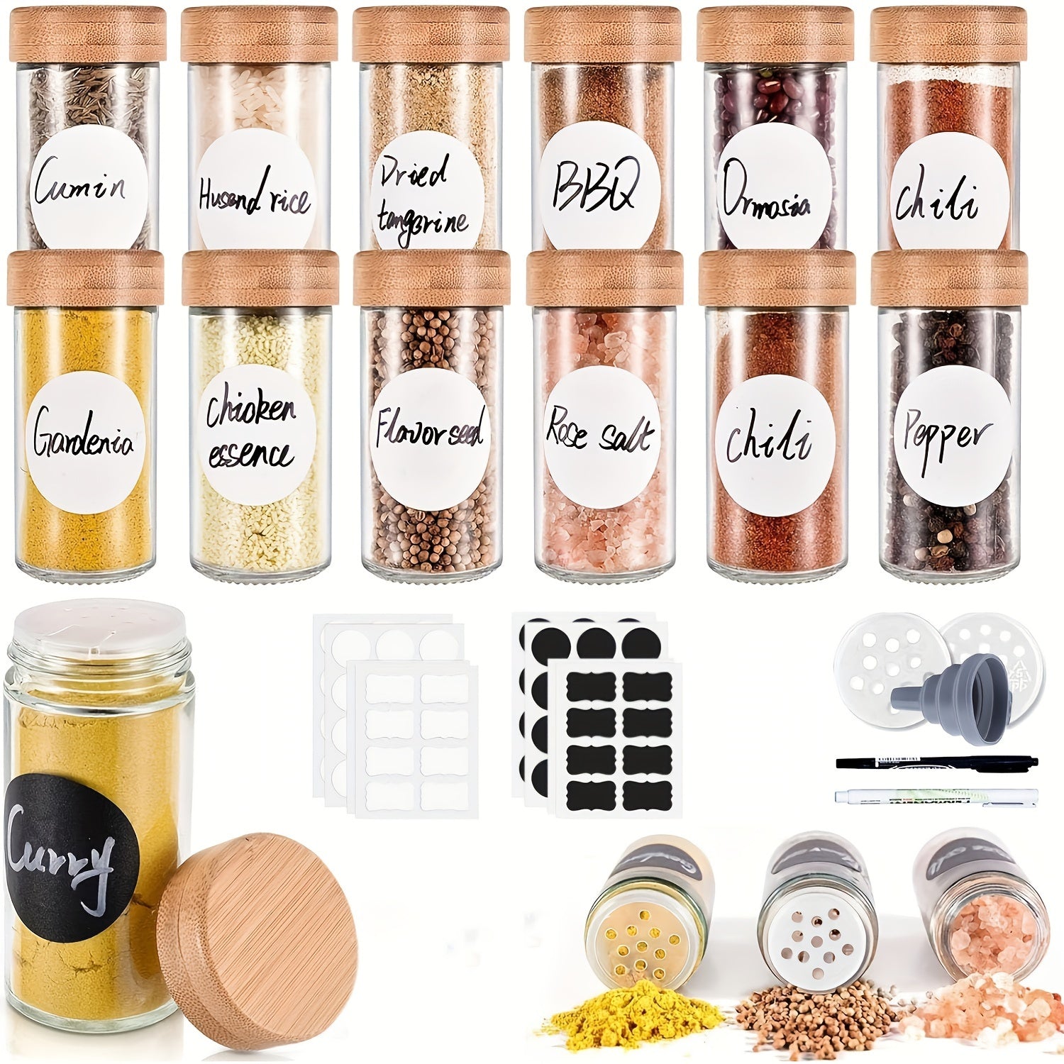 Set of 6 12 24 or 30 100ml Glass Spice Jars with Bamboo and Shaker Lids