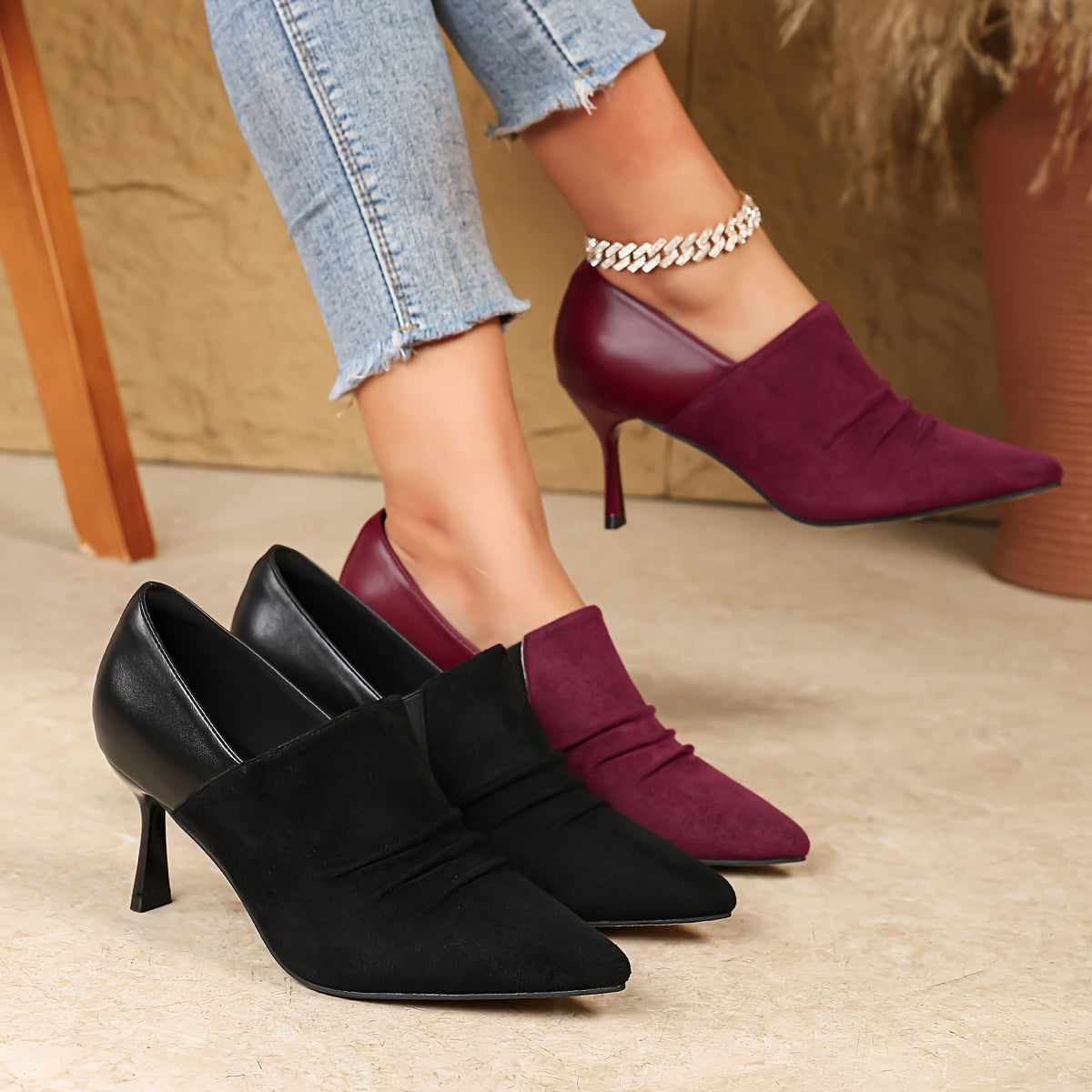 Women Black Pointed Toe Stiletto Ankle Boots High Heel Slip-On