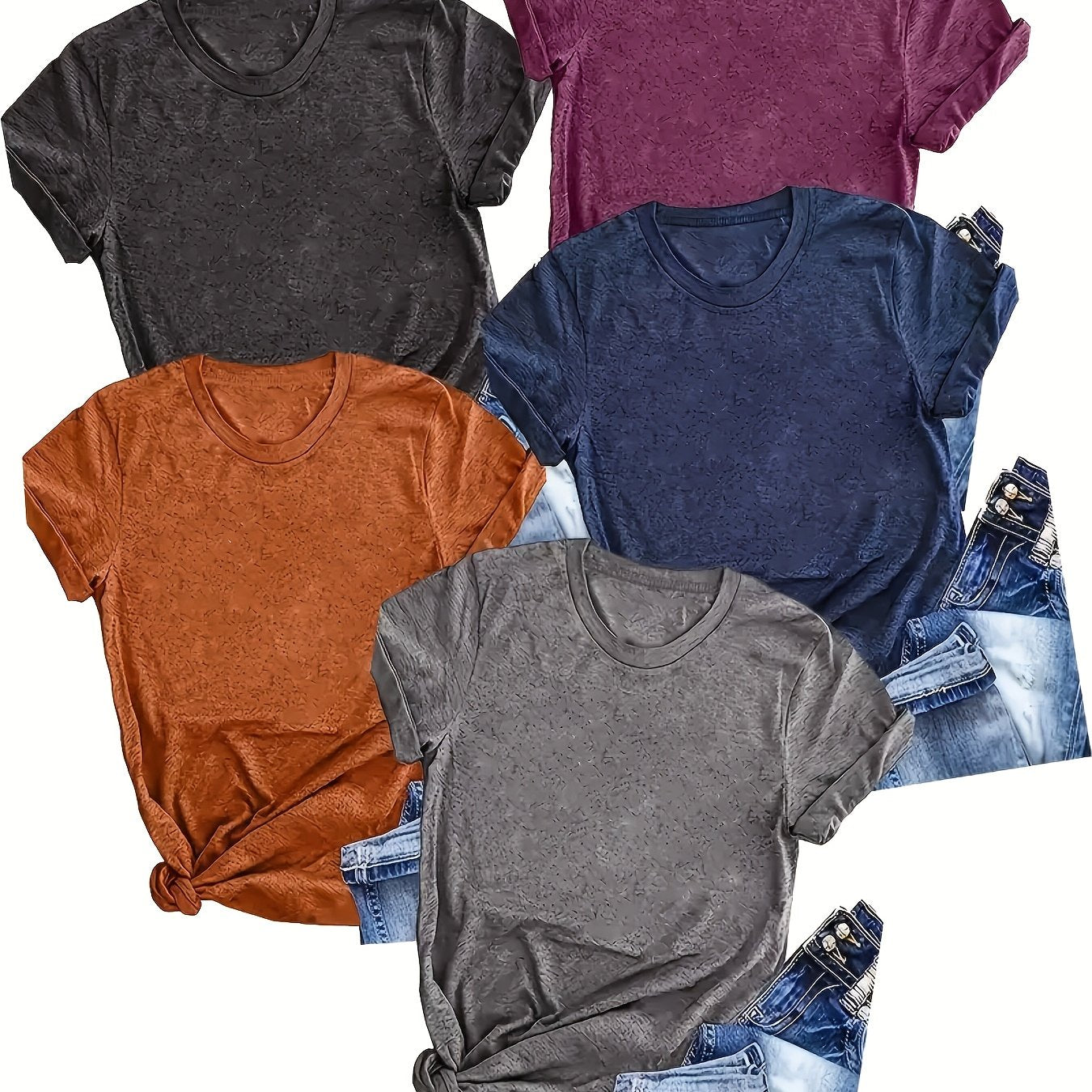 Women's Casual Short Sleeve T-Shirts Set 5 Colors Breathable Cotton