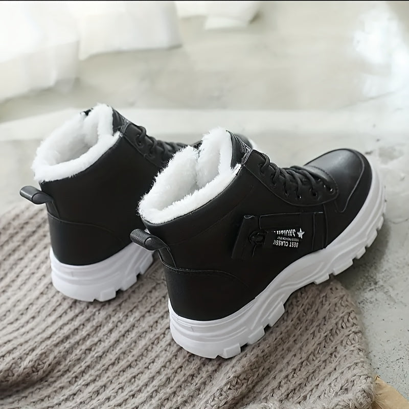 Women's Fleece-Lined Winter Boots High-Top Lace-Up Sneakers Black Beige White