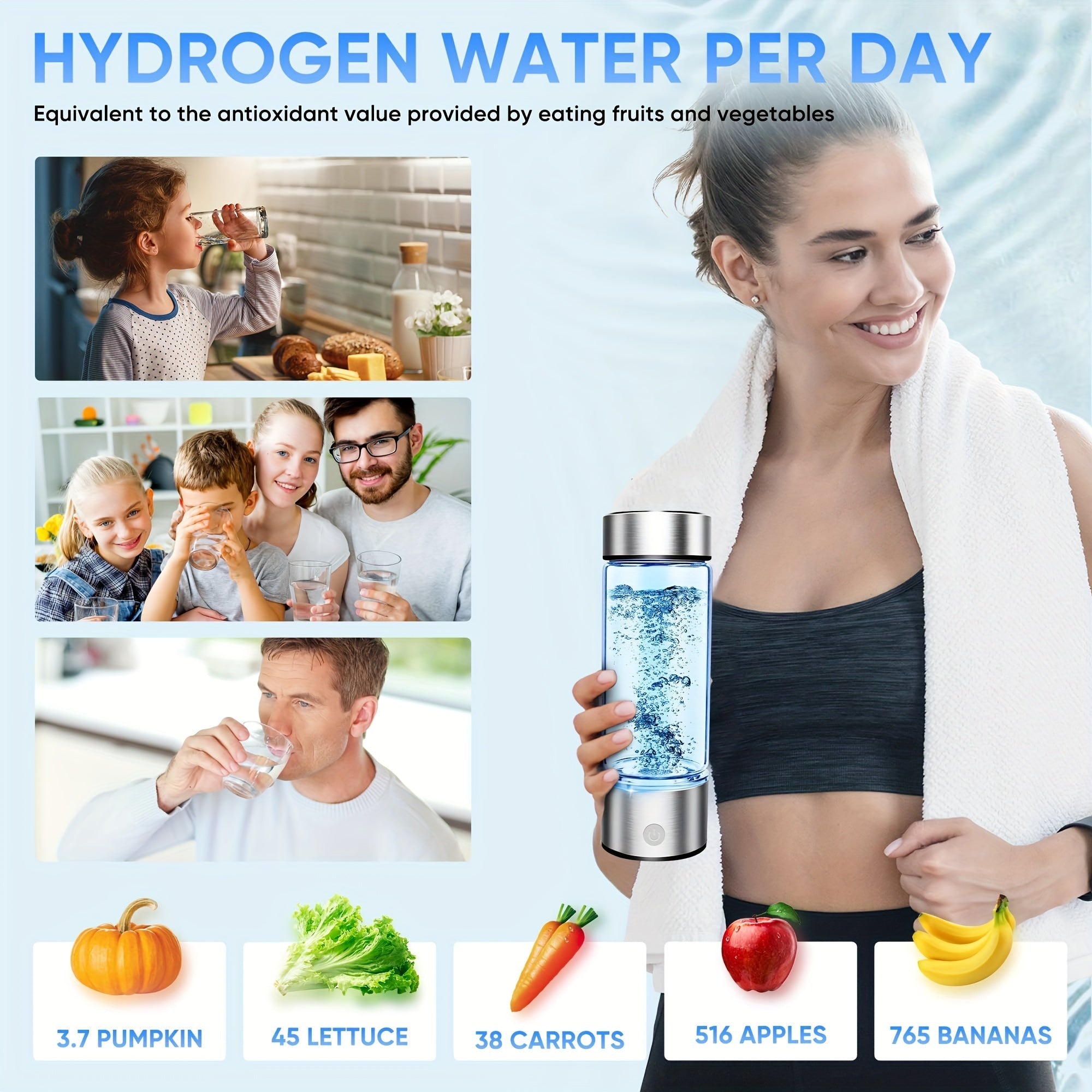 Portable Hydrogen Water Bottle with 1000mAh Battery, Rechargeable, Travel Use