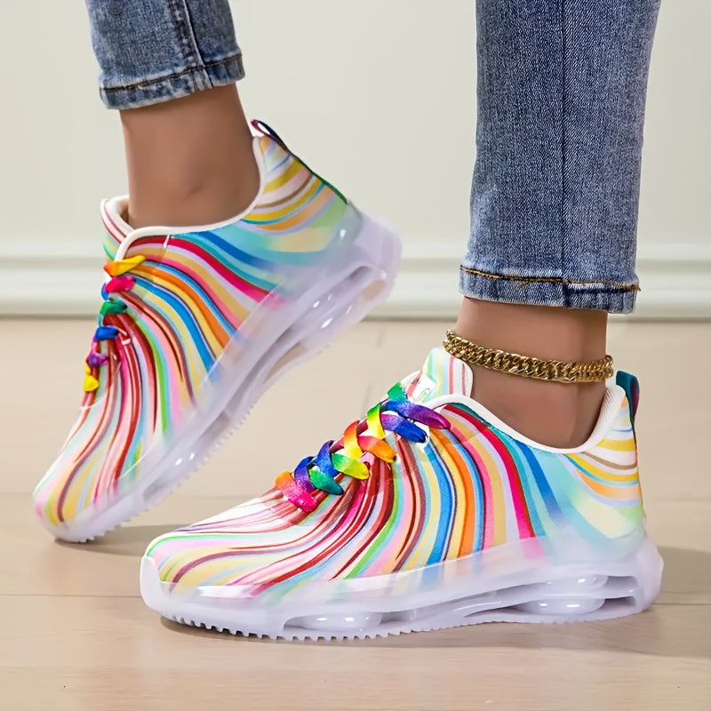 Women’s Rainbow Striped Mesh Sneakers Low-Top Casual Shoes Breathable Flexible