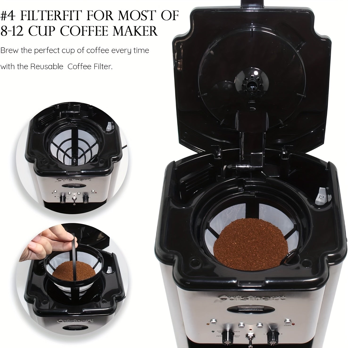 Mustahkam Polipropilen Qayta Ishlatiladigan Konusli Qahva Filtri #4, Cuisinart va Ninja Qahva Bar bilan mos keladi - 8-12 chashka qahva tayyorlovchilar uchun Universal Savat Dizayni, Qahva Mashinalari uchun O'rnini bosuvchi Naylon Tarmoq Filtri.