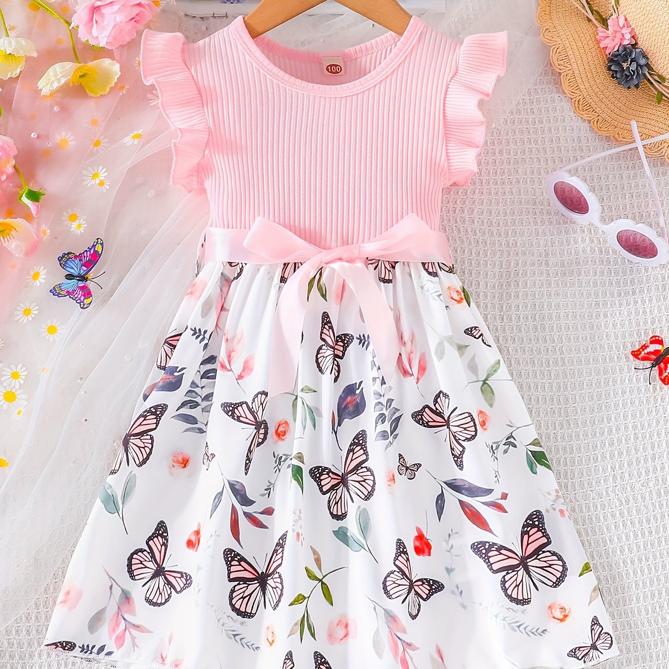 Girls Light Blue Ribbed Cotton Dress with Butterfly Floral Print Flutter Sleeves Belt Summer Casual