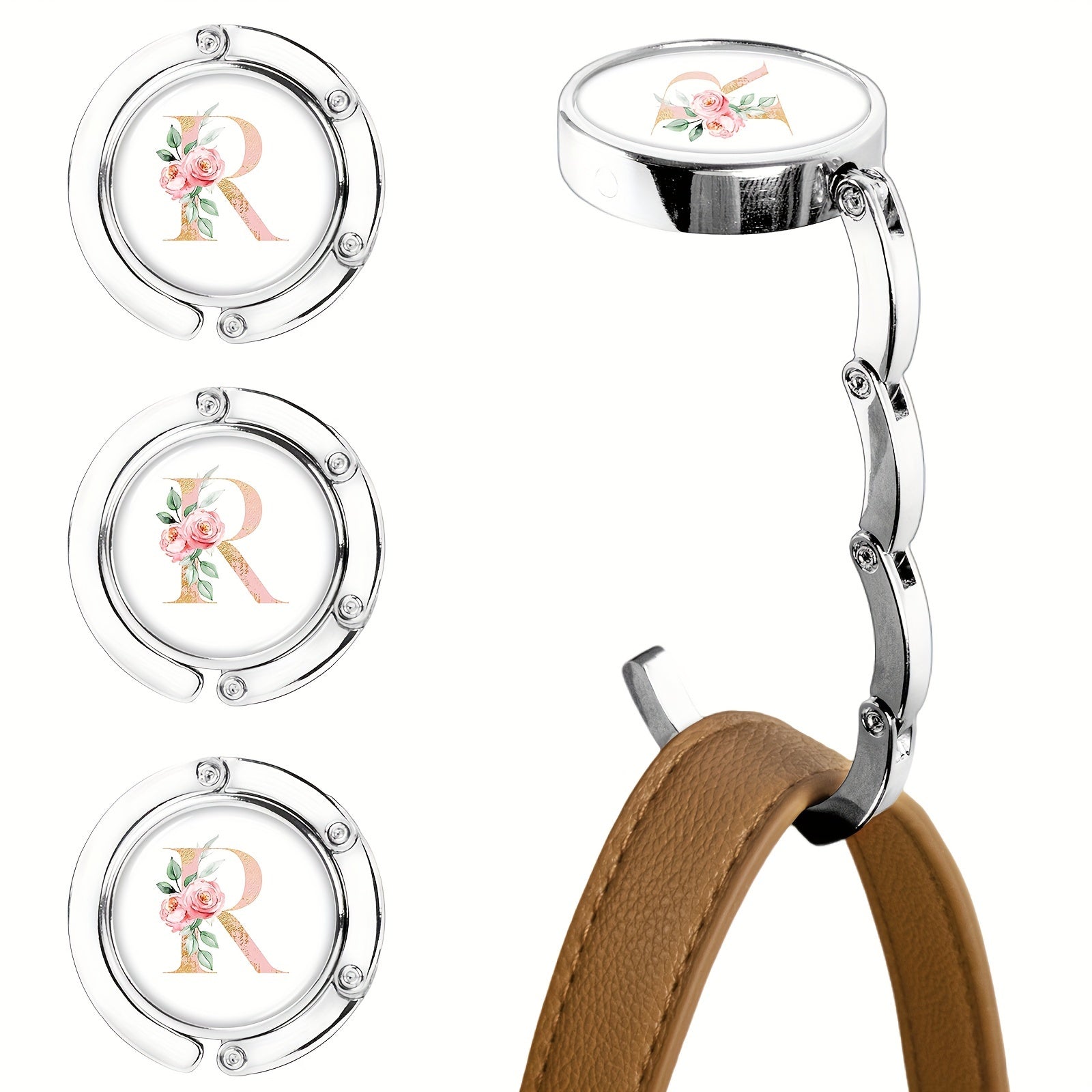 Набор из 3-х складных крючков для кошельков с цветочным дизайном букв, изготовленных из металла для подвешивания сумок на столах. Стильная подставка для сумок и органайзер для стола для женщин.