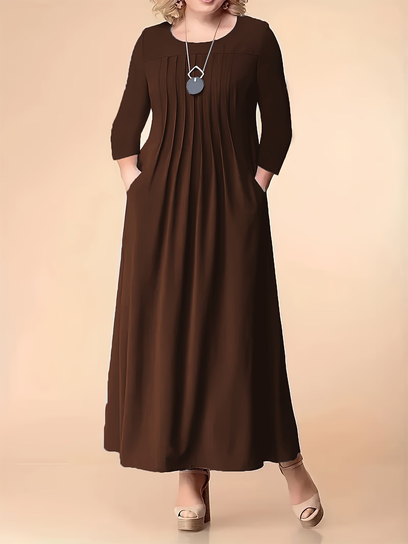 Plus Size Red Maxi Dress for Women with Long Sleeves Pockets Pleated Stretchy Polyester