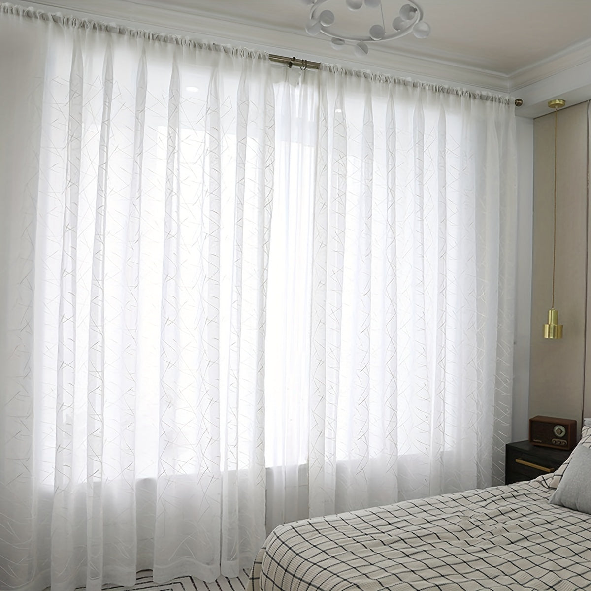 White Sheer Curtain with Geometric Design for Living Room and Bedroom