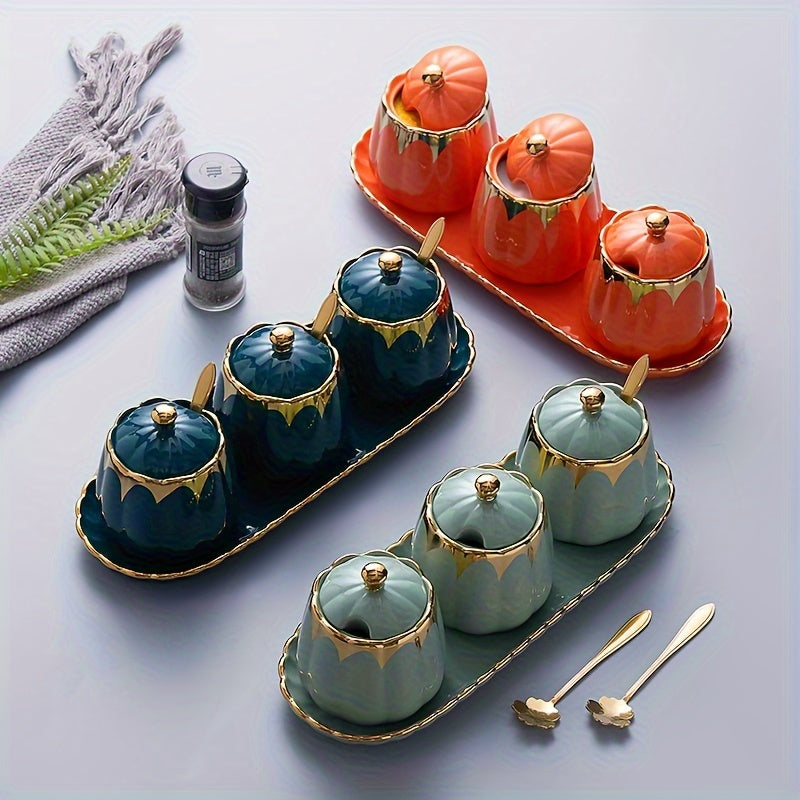 Set of 3 Ceramic Spice Containers with Tray Salt and Pepper Shakers Kitchen Storage