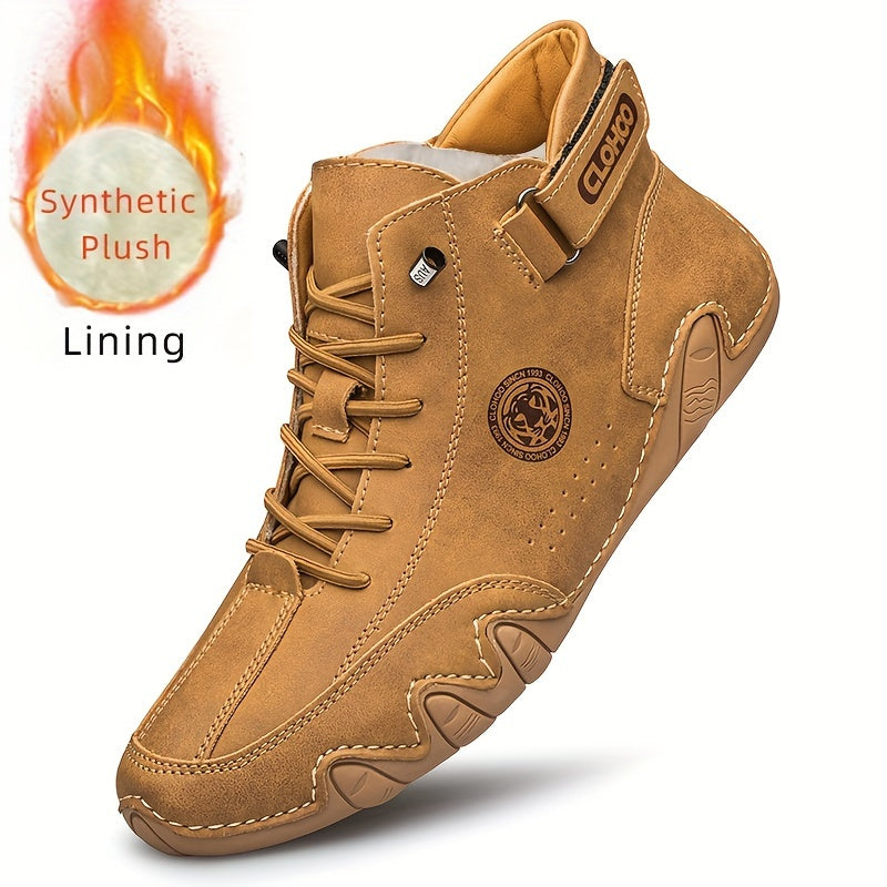 Men's Short Boots with Plush Lining and Hand-Stitched Octopus Design Casual PU High-Tops for All Seasons
