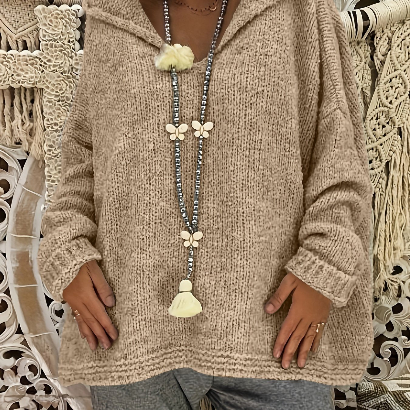 Women's Plus Size Solid Color Hooded Sweater Polyester Pullover with Ribbed Details
