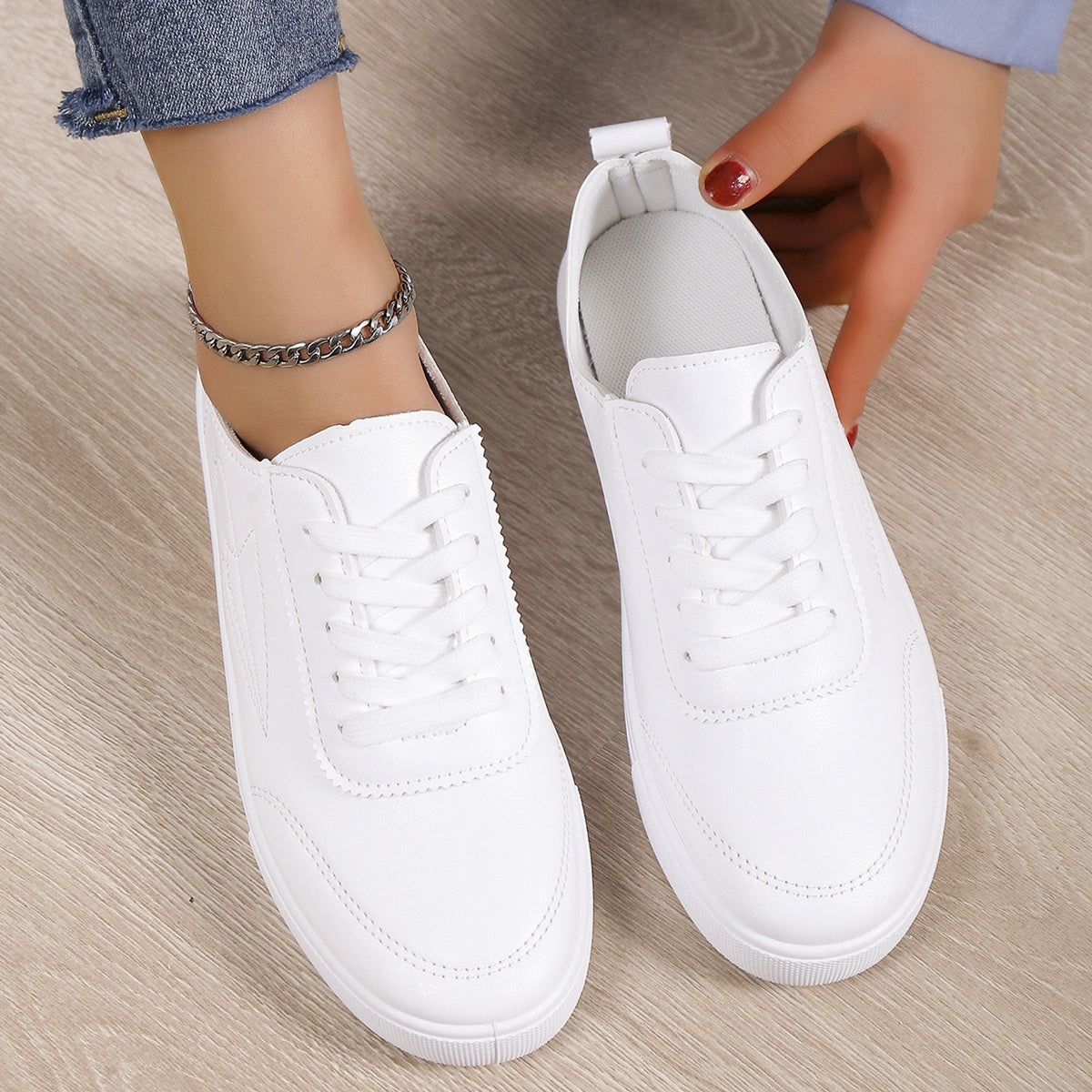 Women's White Faux Leather Low-Top Sneakers Casual Athletic Shoes